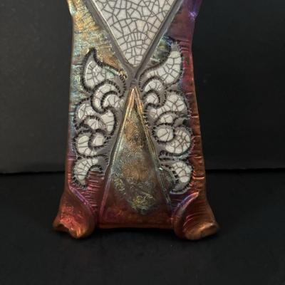 LOT 98: Raku Art Studio Pottery Collection: Picture Frames, Floral Vase w/Flower Frog & Clock Tower