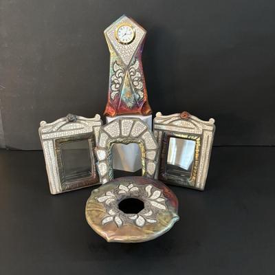 LOT 98: Raku Art Studio Pottery Collection: Picture Frames, Floral Vase w/Flower Frog & Clock Tower