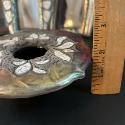 LOT 98: Raku Art Studio Pottery Collection: Picture Frames, Floral Vase w/Flower Frog & Clock Tower