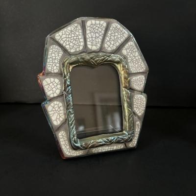 LOT 98: Raku Art Studio Pottery Collection: Picture Frames, Floral Vase w/Flower Frog & Clock Tower