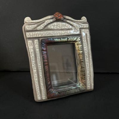 LOT 98: Raku Art Studio Pottery Collection: Picture Frames, Floral Vase w/Flower Frog & Clock Tower
