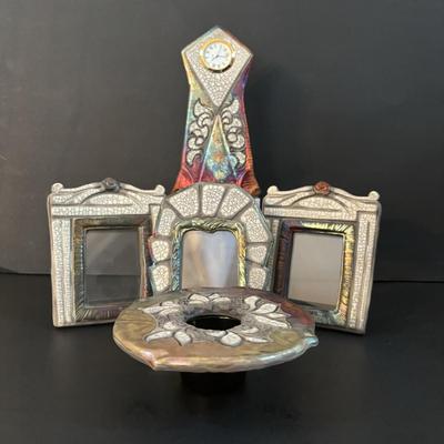 LOT 98: Raku Art Studio Pottery Collection: Picture Frames, Floral Vase w/Flower Frog & Clock Tower