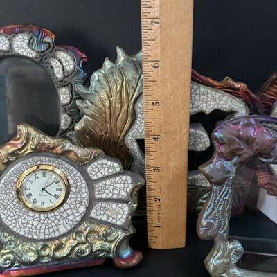 LOT 99: Raku Art Studio Pottery Collection: Under the Sea Vase w/Whale Cutout, Picture Frames & Clock