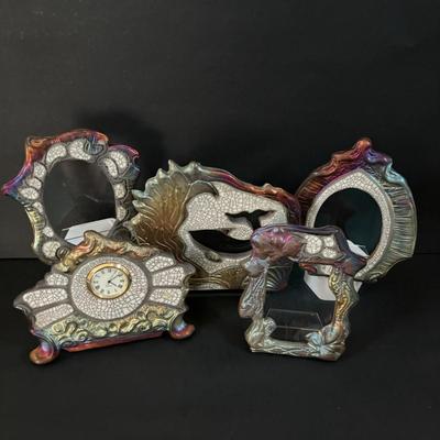 LOT 99: Raku Art Studio Pottery Collection: Under the Sea Vase w/Whale Cutout, Picture Frames & Clock