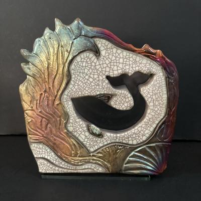 LOT 99: Raku Art Studio Pottery Collection: Under the Sea Vase w/Whale Cutout, Picture Frames & Clock