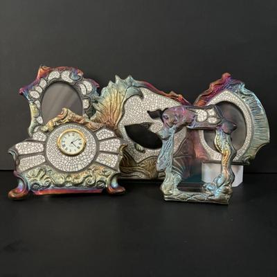 LOT 99: Raku Art Studio Pottery Collection: Under the Sea Vase w/Whale Cutout, Picture Frames & Clock