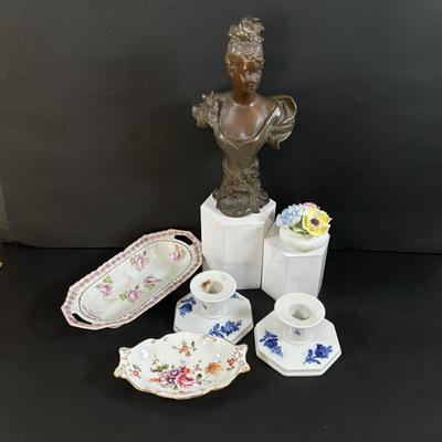 LOT 105: Vintage Bronze Bust of Woman, Royal Copenhagen Candle Sticks, Royal Doulton, Royal Crown Derby