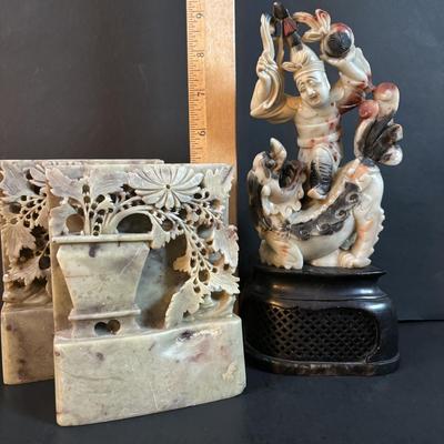 LOT 108: Carved Asian Soapstone Stature & Bookends/Statues