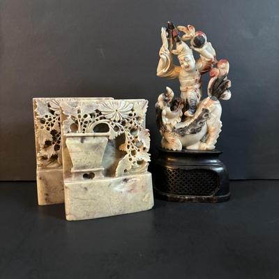 LOT 108: Carved Asian Soapstone Stature & Bookends/Statues