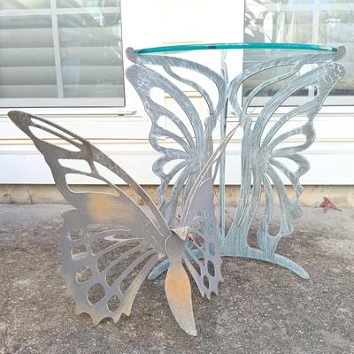 LOT 137: Cricket Forge Glass Top Metal Butterfly Side Table with Butterfly Plant Holder