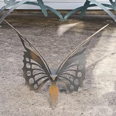 LOT 137: Cricket Forge Glass Top Metal Butterfly Side Table with Butterfly Plant Holder