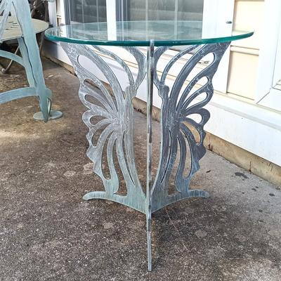 LOT 137: Cricket Forge Glass Top Metal Butterfly Side Table with Butterfly Plant Holder