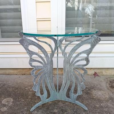 LOT 137: Cricket Forge Glass Top Metal Butterfly Side Table with Butterfly Plant Holder