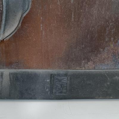 LOT 158: Raku Pottery Whale Wall Art with Jean James Whale Themed Paper Collage