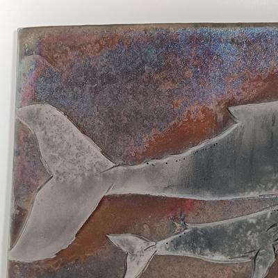 LOT 158: Raku Pottery Whale Wall Art with Jean James Whale Themed Paper Collage