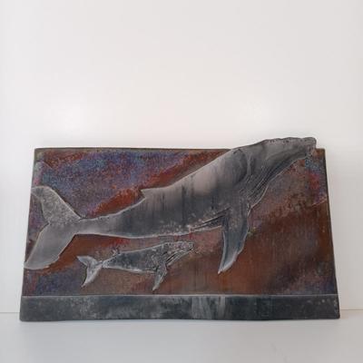 LOT 158: Raku Pottery Whale Wall Art with Jean James Whale Themed Paper Collage