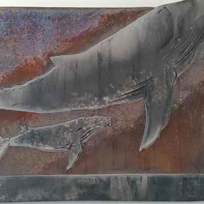 LOT 158: Raku Pottery Whale Wall Art with Jean James Whale Themed Paper Collage