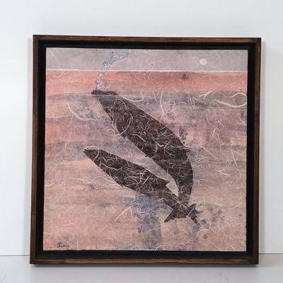 LOT 158: Raku Pottery Whale Wall Art with Jean James Whale Themed Paper Collage