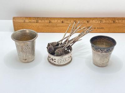 LOT 175: Vintage Silver / Non-Magnetic Entertaining Collection - TW 11.64g Napkin Holder, (Ornate Twisted Toothpicks and Shot Glasses)...