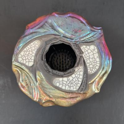 LOT 190: Raku Art Studio Pottery Floral Vases w/Flower Frog & Picture Frame, Hand Blown Flame Glow Glass Mosiac Perfume Bottle,...