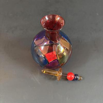 LOT 190: Raku Art Studio Pottery Floral Vases w/Flower Frog & Picture Frame, Hand Blown Flame Glow Glass Mosiac Perfume Bottle,...