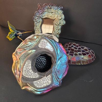 LOT 190: Raku Art Studio Pottery Floral Vases w/Flower Frog & Picture Frame, Hand Blown Flame Glow Glass Mosiac Perfume Bottle,...