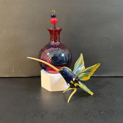 LOT 190: Raku Art Studio Pottery Floral Vases w/Flower Frog & Picture Frame, Hand Blown Flame Glow Glass Mosiac Perfume Bottle,...
