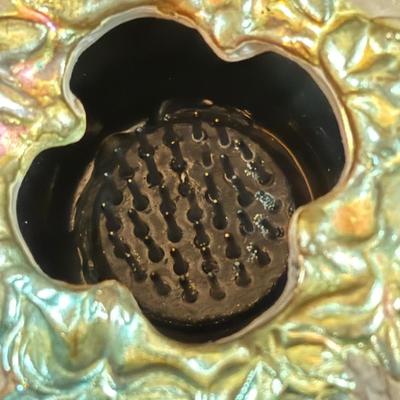 LOT 190: Raku Art Studio Pottery Floral Vases w/Flower Frog & Picture Frame, Hand Blown Flame Glow Glass Mosiac Perfume Bottle,...