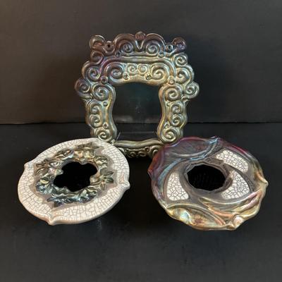 LOT 190: Raku Art Studio Pottery Floral Vases w/Flower Frog & Picture Frame, Hand Blown Flame Glow Glass Mosiac Perfume Bottle,...