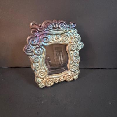 LOT 190: Raku Art Studio Pottery Floral Vases w/Flower Frog & Picture Frame, Hand Blown Flame Glow Glass Mosiac Perfume Bottle,...