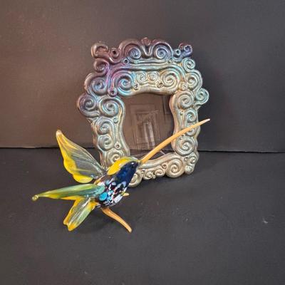 LOT 190: Raku Art Studio Pottery Floral Vases w/Flower Frog & Picture Frame, Hand Blown Flame Glow Glass Mosiac Perfume Bottle,...