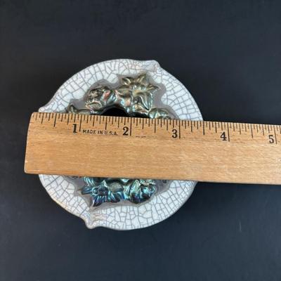 LOT 190: Raku Art Studio Pottery Floral Vases w/Flower Frog & Picture Frame, Hand Blown Flame Glow Glass Mosiac Perfume Bottle,...