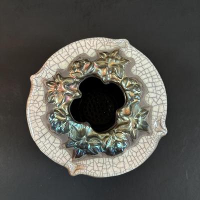 LOT 190: Raku Art Studio Pottery Floral Vases w/Flower Frog & Picture Frame, Hand Blown Flame Glow Glass Mosiac Perfume Bottle,...