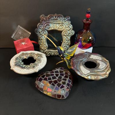 LOT 190: Raku Art Studio Pottery Floral Vases w/Flower Frog & Picture Frame, Hand Blown Flame Glow Glass Mosiac Perfume Bottle,...