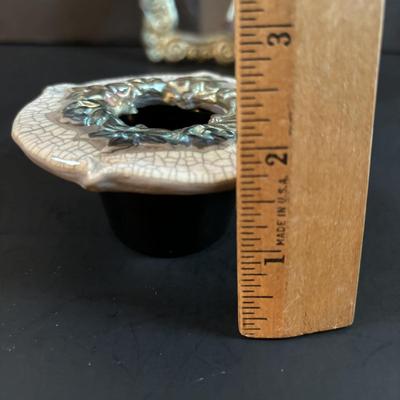 LOT 190: Raku Art Studio Pottery Floral Vases w/Flower Frog & Picture Frame, Hand Blown Flame Glow Glass Mosiac Perfume Bottle,...