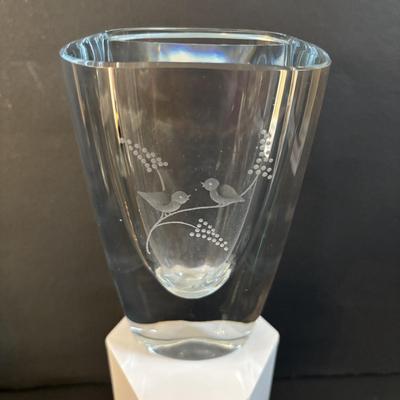 LOT 195: Vintage Kosta Glass Iceberg Sculpture with Etching, Strombergshyttan Etched Crystal Vase, Vintage Japanese ACF Pewter & Hand...