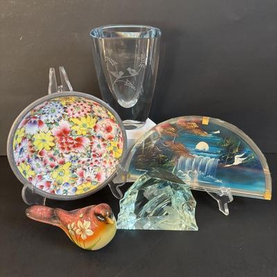 LOT 195: Vintage Kosta Glass Iceberg Sculpture with Etching, Strombergshyttan Etched Crystal Vase, Vintage Japanese ACF Pewter & Hand...