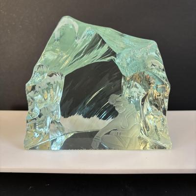 LOT 195: Vintage Kosta Glass Iceberg Sculpture with Etching, Strombergshyttan Etched Crystal Vase, Vintage Japanese ACF Pewter & Hand...