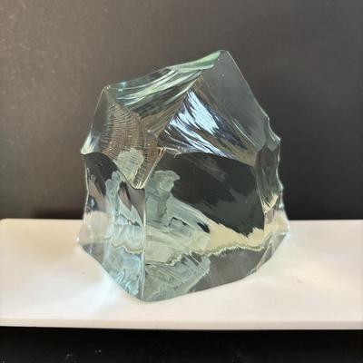 LOT 195: Vintage Kosta Glass Iceberg Sculpture with Etching, Strombergshyttan Etched Crystal Vase, Vintage Japanese ACF Pewter & Hand...