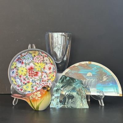 LOT 195: Vintage Kosta Glass Iceberg Sculpture with Etching, Strombergshyttan Etched Crystal Vase, Vintage Japanese ACF Pewter & Hand...