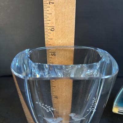 LOT 195: Vintage Kosta Glass Iceberg Sculpture with Etching, Strombergshyttan Etched Crystal Vase, Vintage Japanese ACF Pewter & Hand...