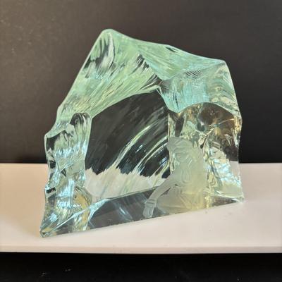 LOT 195: Vintage Kosta Glass Iceberg Sculpture with Etching, Strombergshyttan Etched Crystal Vase, Vintage Japanese ACF Pewter & Hand...