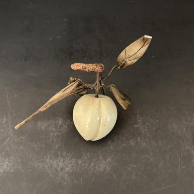LOT 196: Vintage Green/Pale Green Jade Fruit w/Stone Leaves and MCM Pebble/Bubble Gold Glass Tray