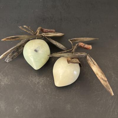 LOT 196: Vintage Green/Pale Green Jade Fruit w/Stone Leaves and MCM Pebble/Bubble Gold Glass Tray