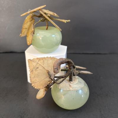 LOT 196: Vintage Green/Pale Green Jade Fruit w/Stone Leaves and MCM Pebble/Bubble Gold Glass Tray