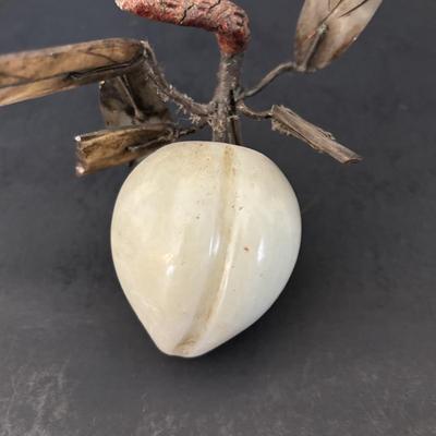 LOT 196: Vintage Green/Pale Green Jade Fruit w/Stone Leaves and MCM Pebble/Bubble Gold Glass Tray
