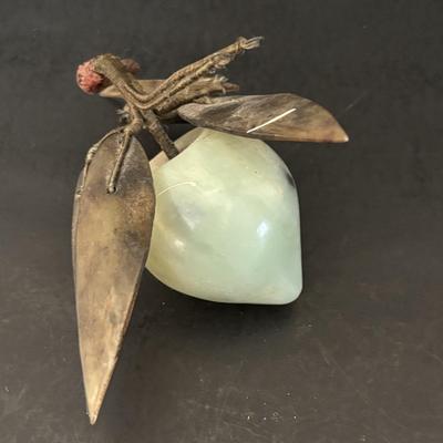 LOT 196: Vintage Green/Pale Green Jade Fruit w/Stone Leaves and MCM Pebble/Bubble Gold Glass Tray