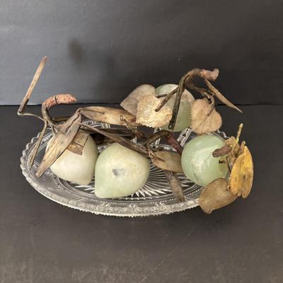 LOT 196: Vintage Green/Pale Green Jade Fruit w/Stone Leaves and MCM Pebble/Bubble Gold Glass Tray