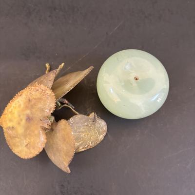LOT 196: Vintage Green/Pale Green Jade Fruit w/Stone Leaves and MCM Pebble/Bubble Gold Glass Tray