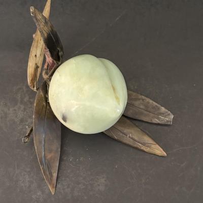 LOT 196: Vintage Green/Pale Green Jade Fruit w/Stone Leaves and MCM Pebble/Bubble Gold Glass Tray